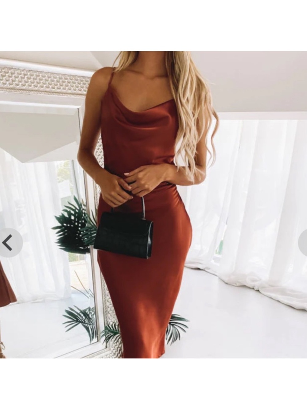 Beginning Boutique Satin Cowl Slip Midi Dress in Rust